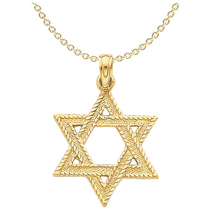 Solid 14K Yellow Gold Round Filigree Star of David with Chai Symbol Pendant Necklace 